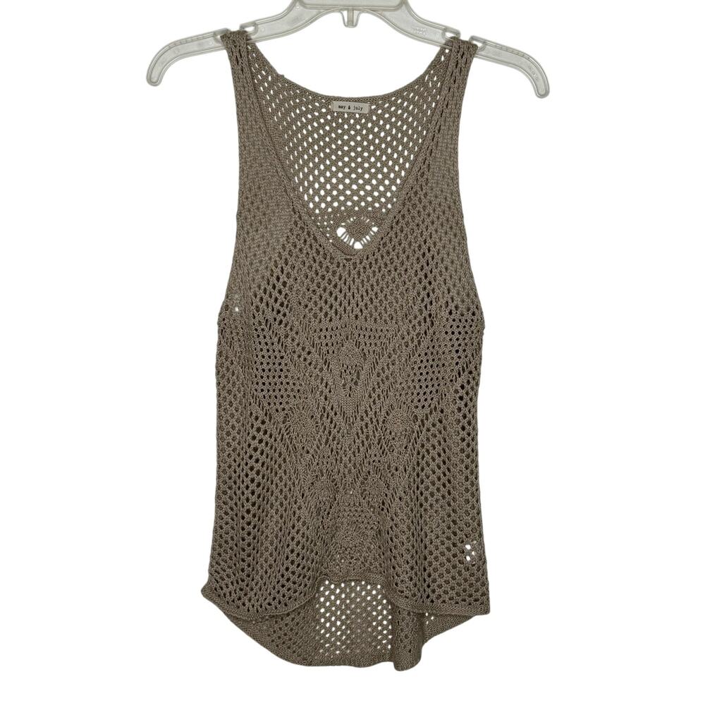 Y2K Taupe Knit V-Neck Tank Top - Mermaid Beach Net Cover Up Size Small